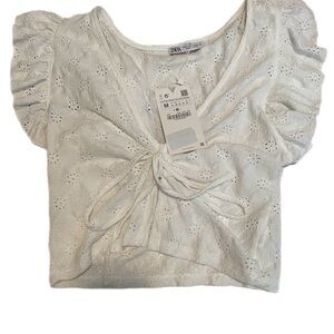 Zara Cream Eyelet Blouse with Tie Detail